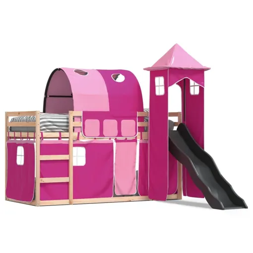 vidaXL Lit superposé avec toboggan et rideaux rose 80x200 cm Bon état reconditionné disponible sur Rakuten