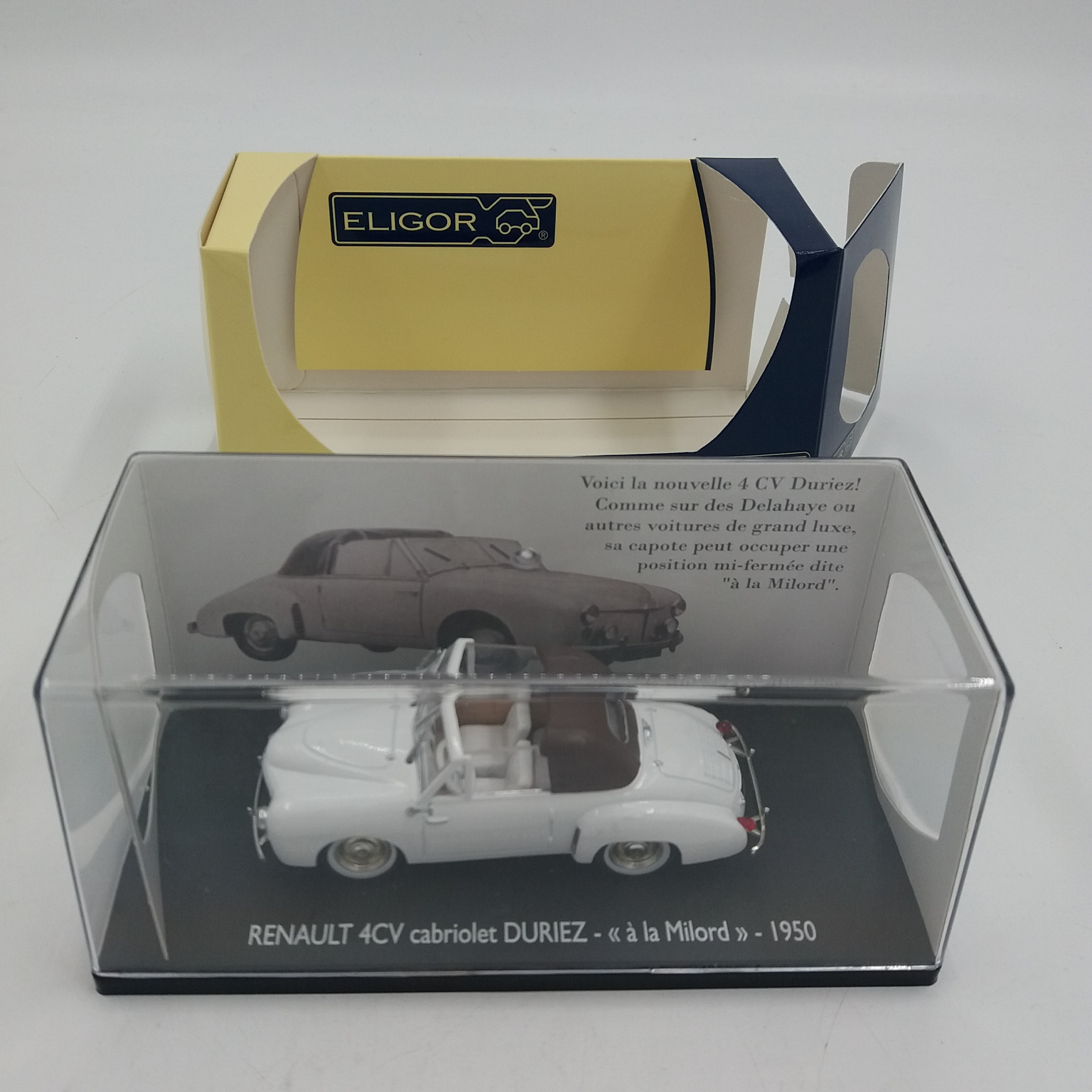 Voir photo 6 de Voiture miniature. Renault 4cv cabriolet DURIEZ. 1950. Métal. Blanche. ELIGOR estampillé sur la boite et sous la pièce. 1/43. Voiture miniature. Renault 4cv cabriolet DURIEZ. 1950. Métal. Blanche. ELIGOR estampillé sur la boite et sous la pièce. 1/43. Parfait état reconditionné photo 6