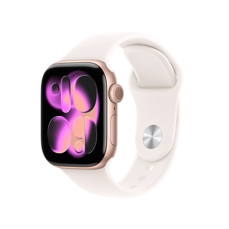 Watch Series 11 (2025) GPS + Cellulaire Boitier de 42mm en Aluminium Or Rose avec bracelet sport, Rose - S/M - Excellent état Parfait état Apple reconditionné disponible sur Pixmania