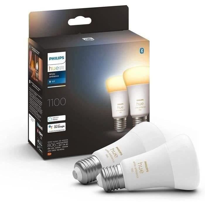 White Ambiance, ampoule LED connectée E27 équivalent 75W, 1100 lumen, compatible Bluetooth, pack de 2 - Excellent état Parfait état Philips Hue reconditionné disponible sur Pixmania