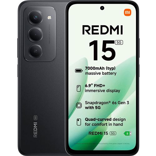 Xiaomi Redmi 15 5G - 5G smartphone - double SIM - RAM 4 Go / Mémoire interne 128 Go - microSD slot - 6.9" - 2340 x 1080 pixels (144 Hz) - 2x caméras arrière 50 MP - front camera 8 MP - noir minuit État correct Xiaomi reconditionné disponible sur Fnac