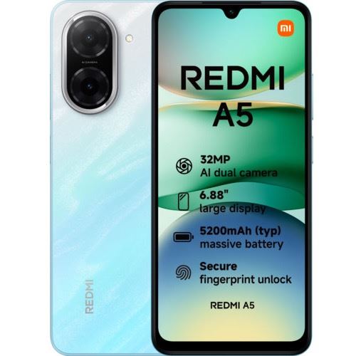 Xiaomi Redmi A5 - 4G smartphone - double SIM - RAM 3 Go / Mémoire interne 64 Go - microSD slot - 6.88" - 1640 x 720 pixels (120 Hz) - 2x caméras arrière 32 MP - front camera 8 MP - Bleu océan État correct Xiaomi reconditionné disponible sur Fnac