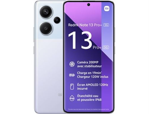 Xiaomi Redmi Note 13 Pro+ - 5G smartphone - double SIM - RAM 12 Go / Mémoire interne 512 Go - OLED display - 6.67" - 2712 x 1220 pixels (120 Hz) - 3 x caméras arrière 200 MP, 8 MP, 2 MP - front camera 16 MP - violet aurore État correct N/A reconditionné disponible sur Fnac