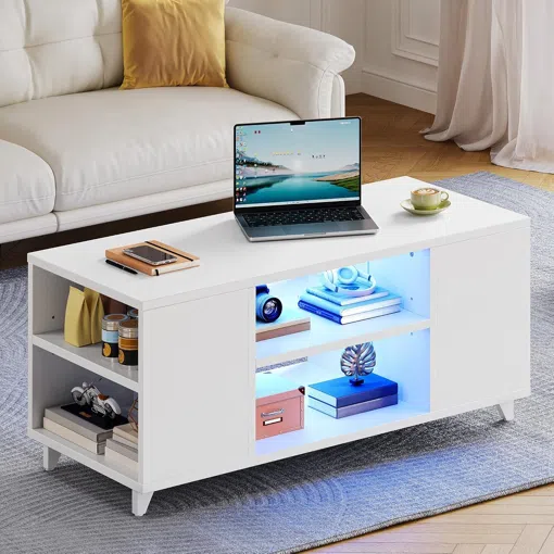 YITAHOME Table Basse de Salon Haute Brillance, Moderne Tables Basses à LED avec Etagère Ouverte et Etagère Réglable, Rectangulaire, Blanc, 97,5 x 48 x 45 cm Bon état reconditionné disponible sur Rakuten