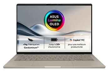 Zenbook A14 UX3407QA-QD219W 14" Copilot+PC Snapdragon X 16 Go RAM 512 Go SSD Beige Bon état - 713,99 € Zenbook A14 UX3407QA-QD219W 14" Copilot+PC Snapdragon X 16 Go RAM 512 Go SSD Beige Bon état Asus reconditionné disponible sur Darty
