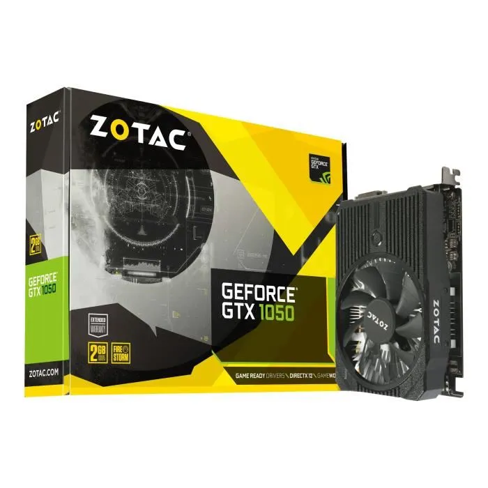 ZOTAC GeForce GTX 1050 Mini Carte graphique NVIDIA GeForce GTX 1050 2 Go GDDR5 PCIe 3.0 DVI HDMI DisplayPort Reconditionné - 118,90 € ZOTAC GeForce GTX 1050 Mini Carte graphique NVIDIA GeForce GTX 1050 2 Go GDDR5 PCIe 3.0 DVI HDMI DisplayPort Reconditionné Zotac reconditionné disponible sur Cdiscount Seconde Vie